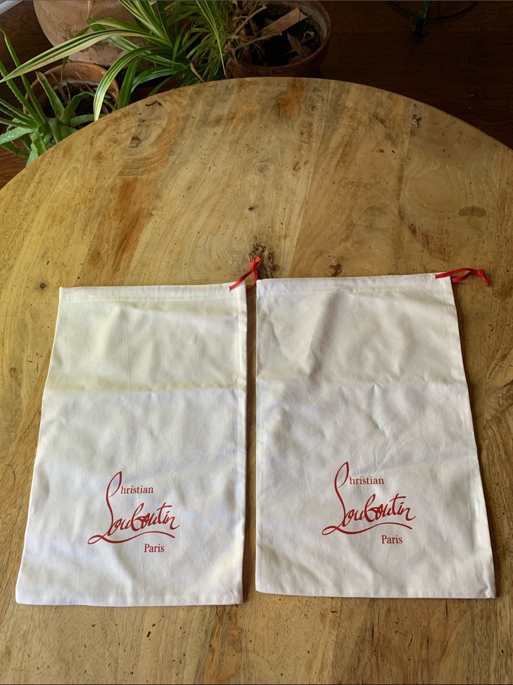Christian Louboutin White Drawstring Dust Bags with Red Logo (Pair)
